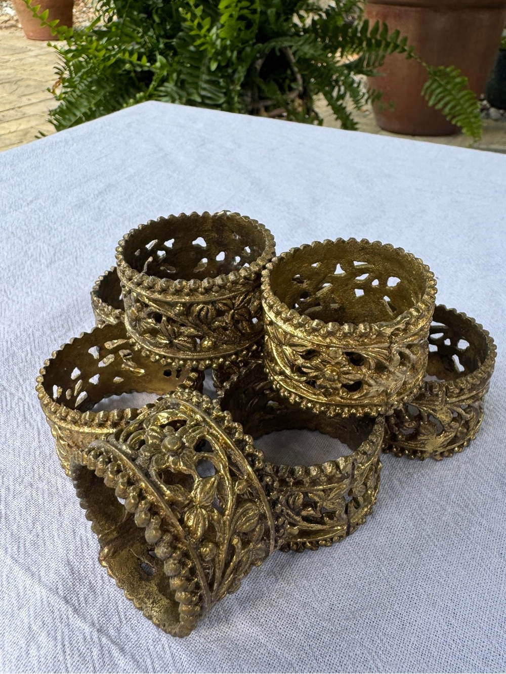 Vintage Gold Tone Filigree Napkin Rings Set of 8 Floral Scroll Metal